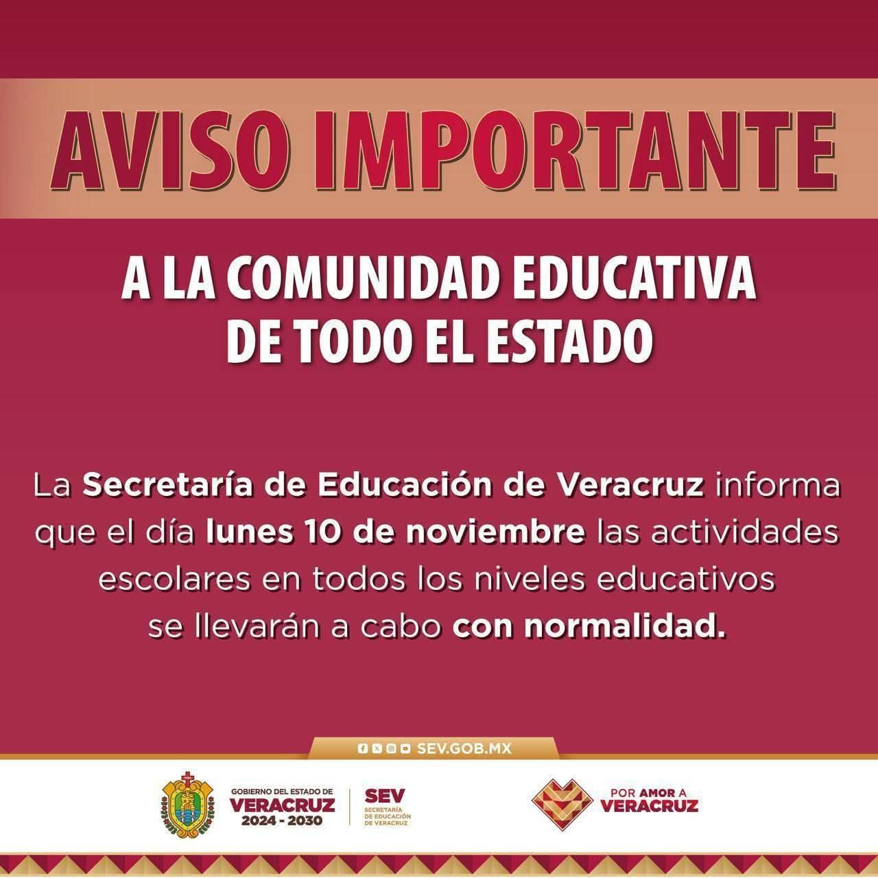 SEV anuncia clases normales para este lunes 10 nov